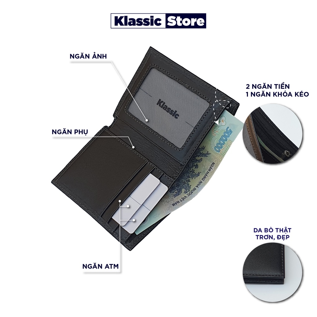 Ví Nam Da Bò Thật Nhỏ Gọn Dáng Đứng - Mini Classic - Có Khóa Kéo