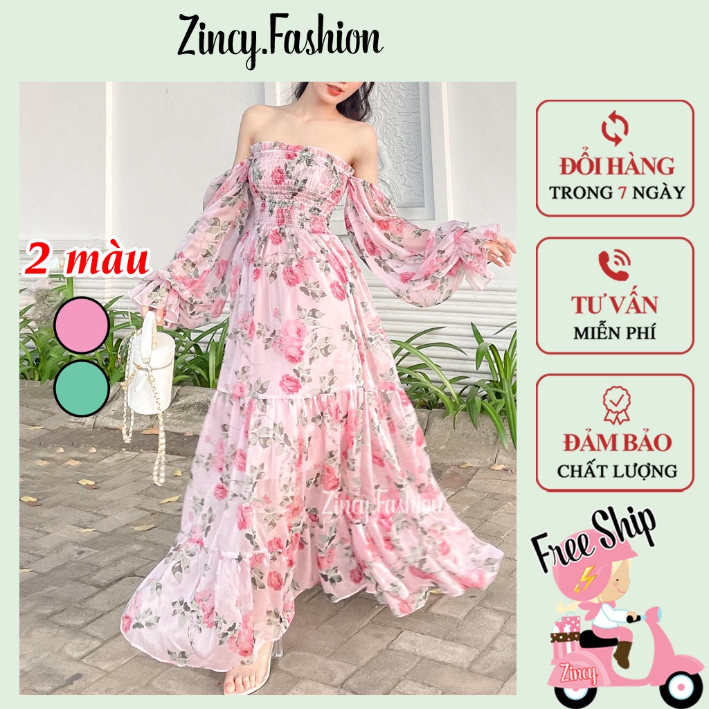 Đầm maxi đi biển trễ vai tay dài Váy hoa maxi nữ chất voan lụa may bo chun mặc 2 kiểu bigsize Zincy HOMXI020