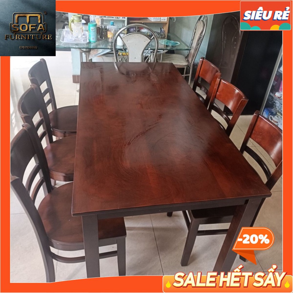Bàn ăn cơm 6 ghế full gỗ cau su tự nhiên, kích thước 1m60x80cm - bảo hành 12 tháng