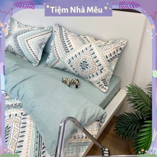 Bộ Vỏ Chăn Ga Gối Cotton 3D 80% Set 4 Món Thổ Cẩm Xanh Phong Cách Vintage Cổ Điển Fullsize Tiệm Nhà Mêu