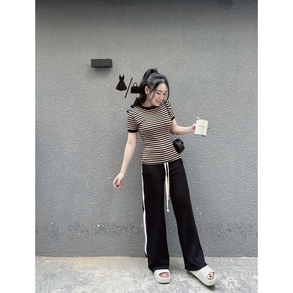 [4.4 Sales Freeship] Set áo thun cổ tròn tay ngắn kẻ sọc ngang phối quần đen dài ống rộng phối viền trắng cá tính