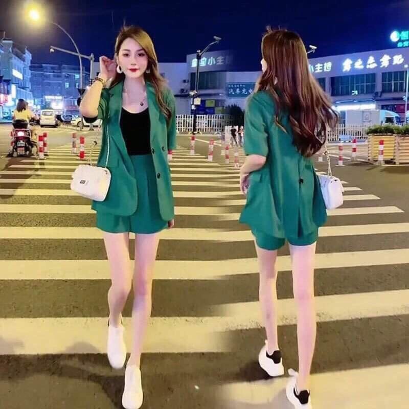 Set vest ngắn tay 3 món phối quần short + áo phông kêu họa tiết năng động