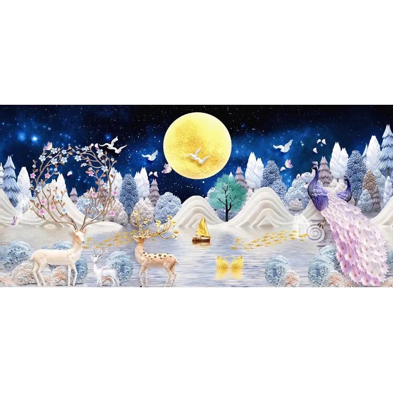 Tranh đính đá full kín tự làm cho khách - Tranh hươu chiêu tài lộc đá hạt tròn