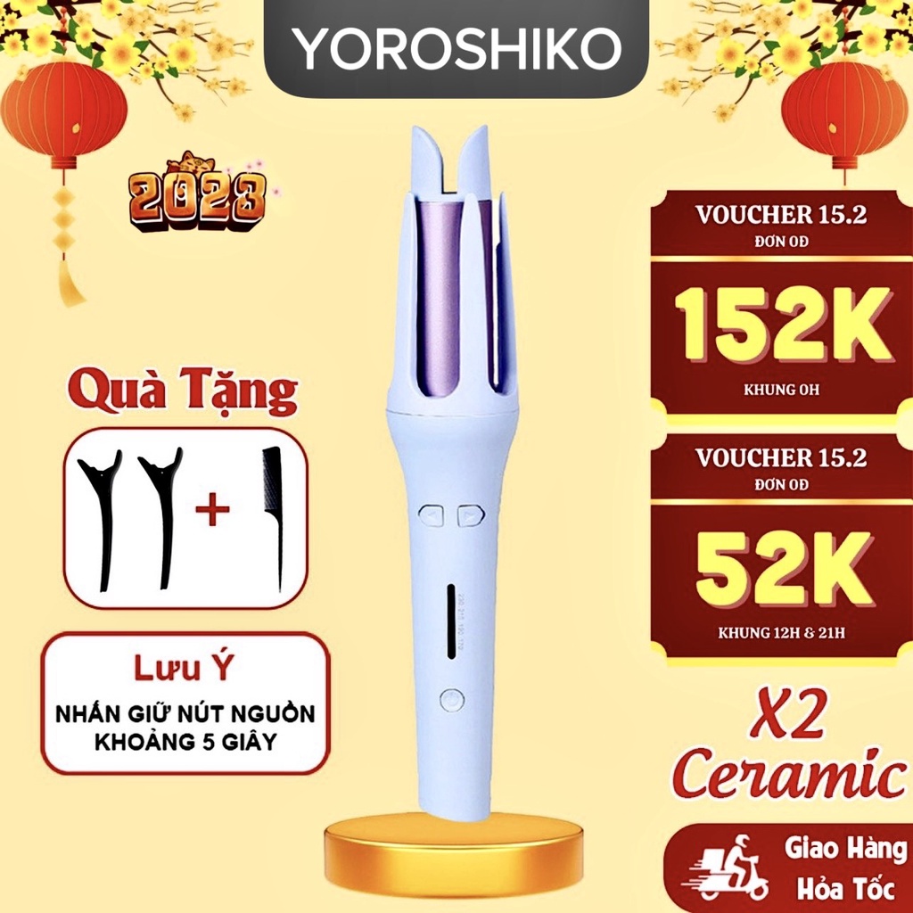 Máy uốn tóc xoăn tự động Yoroshiko làm xoăn mini 3 trục sóng chất liệu gốm sứ đường kính uốn 28mm