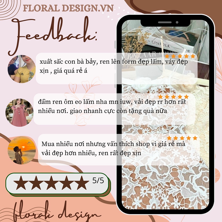 Đầm váy ren nữ dự tiệc 2 dây thiết kế FLORAL DESIGN kèm tag hoa ngực sang chảnh ôm eo 2 màu trắng kem nâu size S M