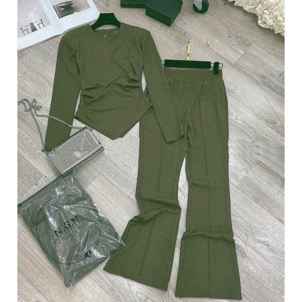 Set bộ len gân áo dài tay form ôm dáng dài mix quần ống loe hai màu xám, xanh rêu, Set len gân ấm áp cổ tròn vạt áo nhọn