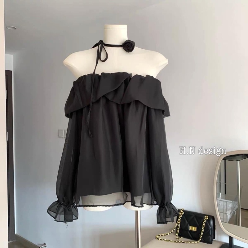 Áo trễ vai voan nữ siêu xinh kèm hoa ở cổ chất mềm mướt không ngứa hàng QC chuẩn loại 1 - hàng có sẵn