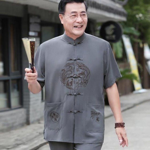 Bộ đồ sơ mi thêu ngắn tay dành cho nam giới trung niên và người cao tuổi, bộ đồ lụa băng mùa hè dành cho ông bà và người