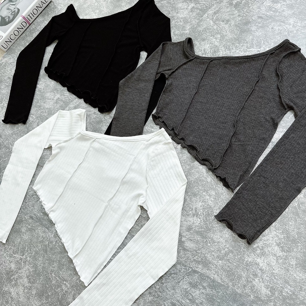Áo thun croptop vạt xéo tay dài lệch vai ôm body phong cách hàn, cá tính 636 FIORI STORE