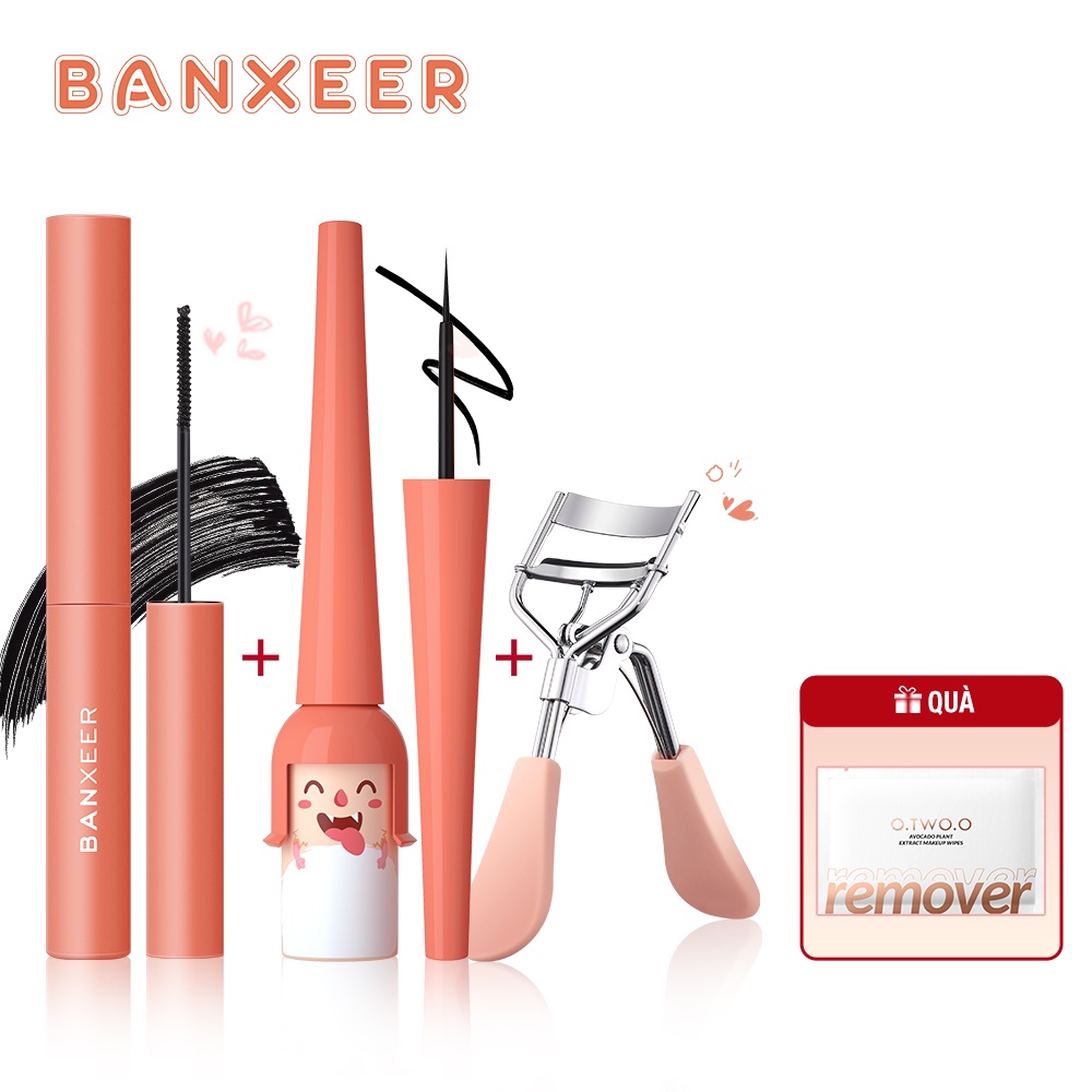Set mỹ phẩm trang điểm BANXEER mascara bút kẻ mắt dụng cụ kẹp bấm cong lông mi nước tẩy trang 120g