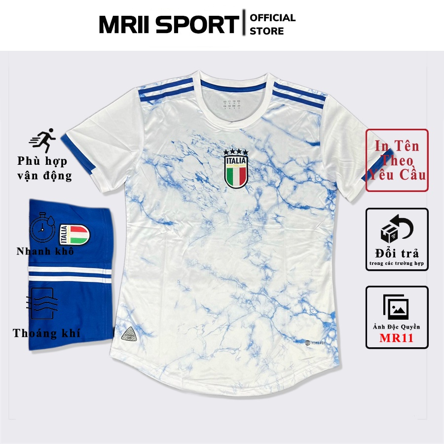 Áo Bóng Đá ITALIA 2023 Trắng Vân Xanh Chất Liệu Thoáng Khí Logo Thêu pp Bởi MR11 SPORT