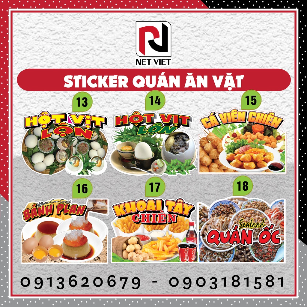 Sticker Hột Vịt Lộn, Trứng Cút Lộn, Cá Viên Chiên khổ lớn, Sticker trang trí dán tủ kính, dán quầy - SHIP HỎA TỐC