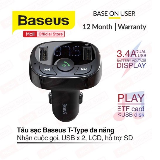 Dock sạc nghe nhạc trên xe hơi Baseus S09A T-Typed Wireless MP3 Car Charger (hỗ trợ nghe nhạc và đàm thoại) (ĐEN)