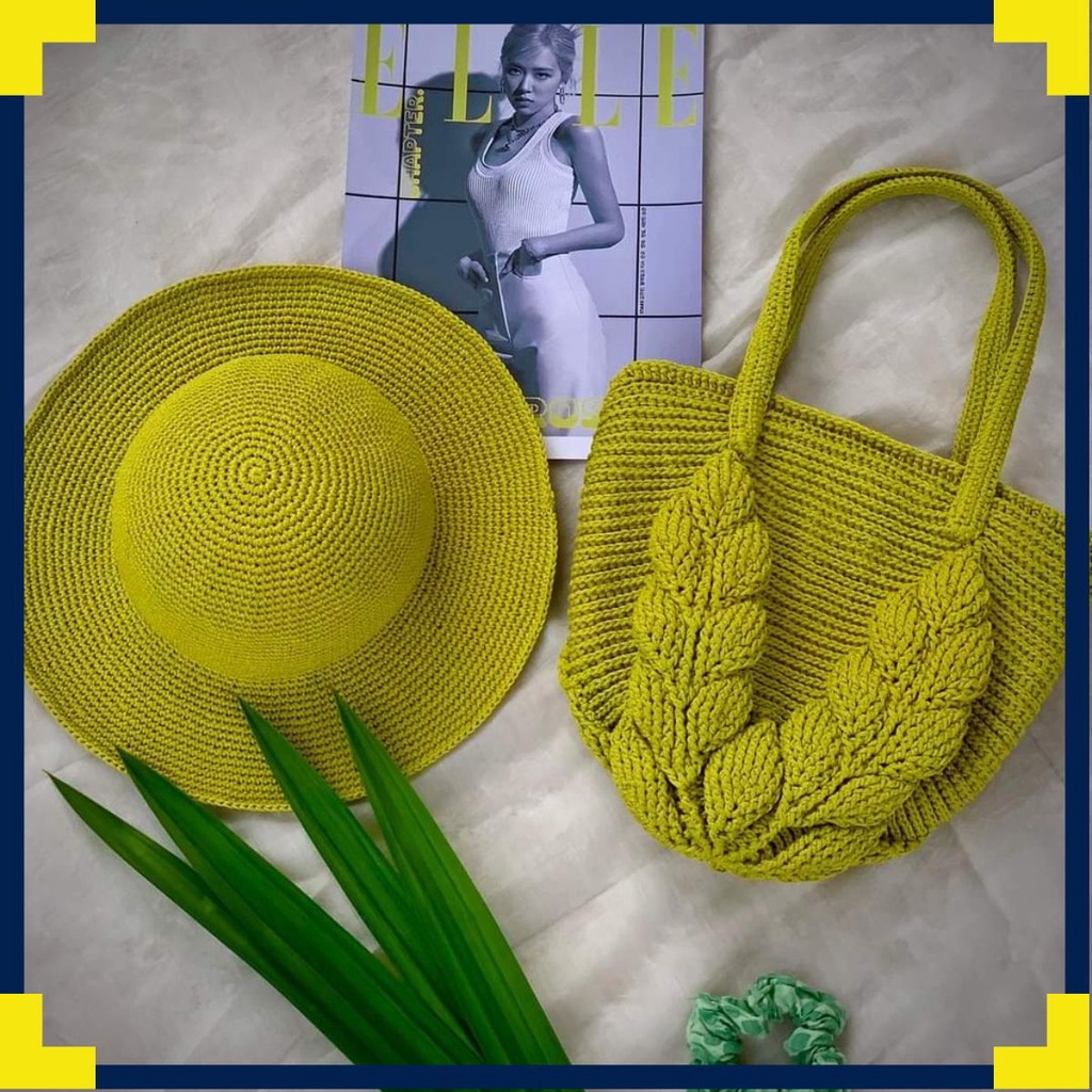 SET NÓN VÀ TÚI XÁCH HANDMADE LÁ NỔI 3D MÀU XANH BƠ THỜI THƯỢNG -THỜI TRANG THỦ CÔNG ĐỘC ĐÁO TINH TẾ