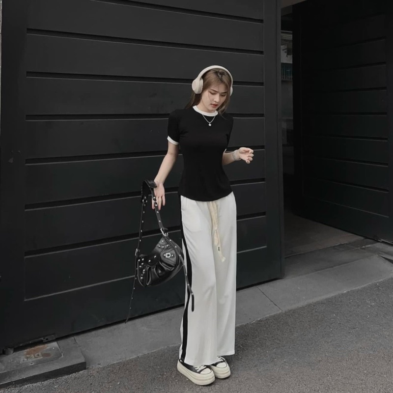 Set Bộ Áo Croptop Viền Cổ Tròn + Quần Ống Xuông DÂY THỪNG Lai Viền CÓ TÁCH LẺ MÓN