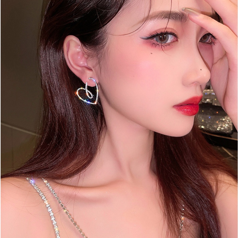 Bông tai nữ hoa tai kim bạc trái tim đính đá lấp lánh phong cách cá tính