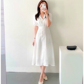 Đầm sơ mi basic tay bo cột eo màu trắng mint xanh biển
