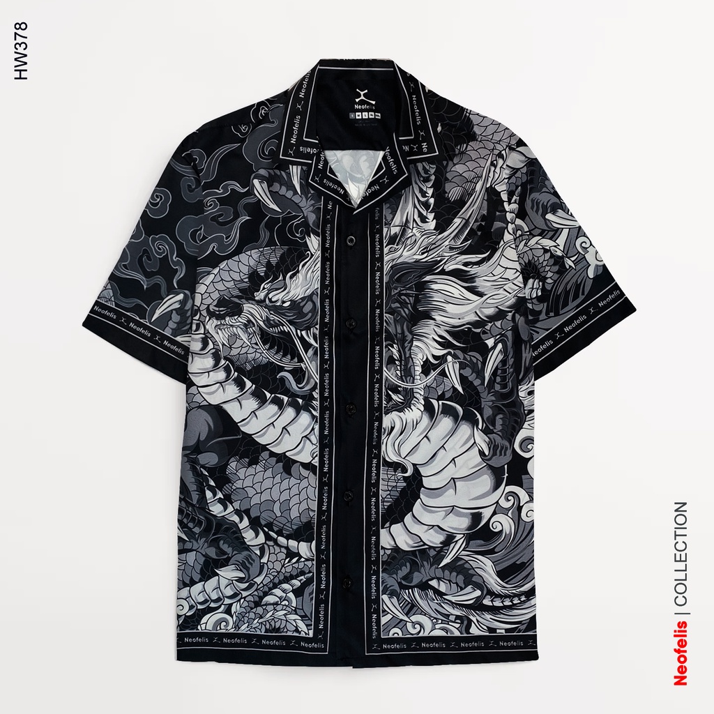 Áo Sơ Mi Nam Hawaii Cổ Vest Hàng Hiệu Cao Cấp Tay Ngắn Họa Tiết Rồng Đen Hoa Văn | Neofelis - HW378