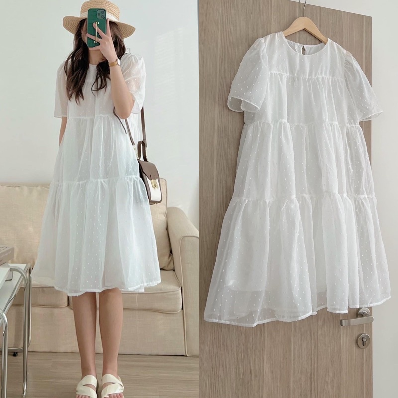 Đầm/Váy babydoll dáng dài chất voan chấm bi có lót - Momiji Store