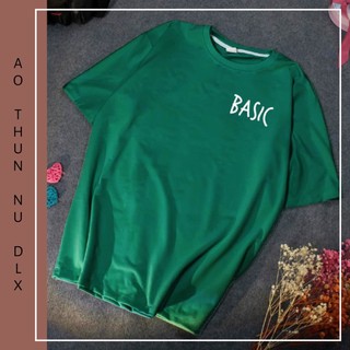 Áo thun nữ tay lỡ màu xanh rêu in logo chữ basic aothunnu169