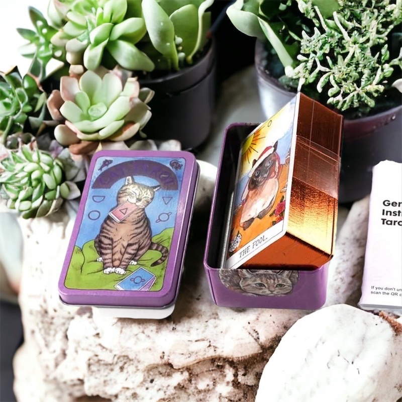 Bộ Bài Cat Tarot cards có mạ vàng, Tarot mèo 78 lá cơ bản, hộp thiếc