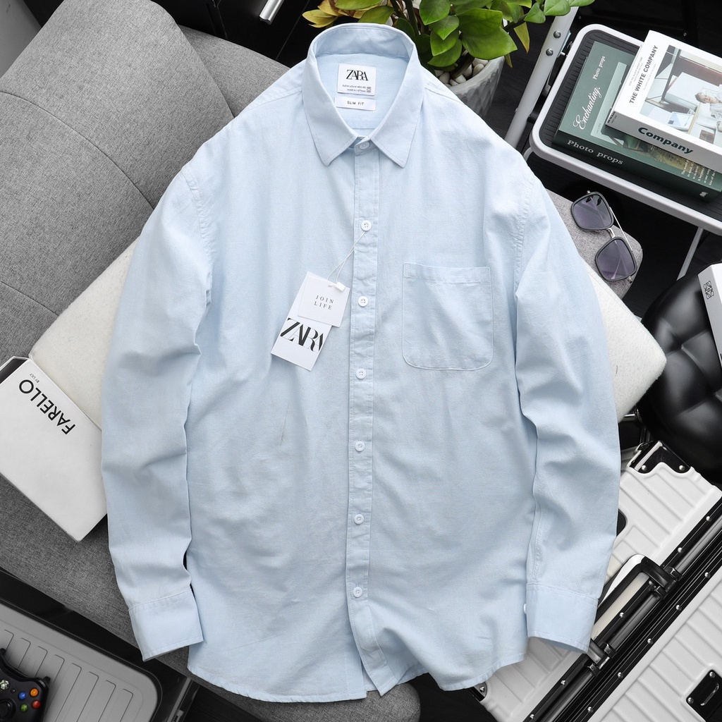 Áo sơ mi nam dài tay Z a r a trơn chất linen from slim fit