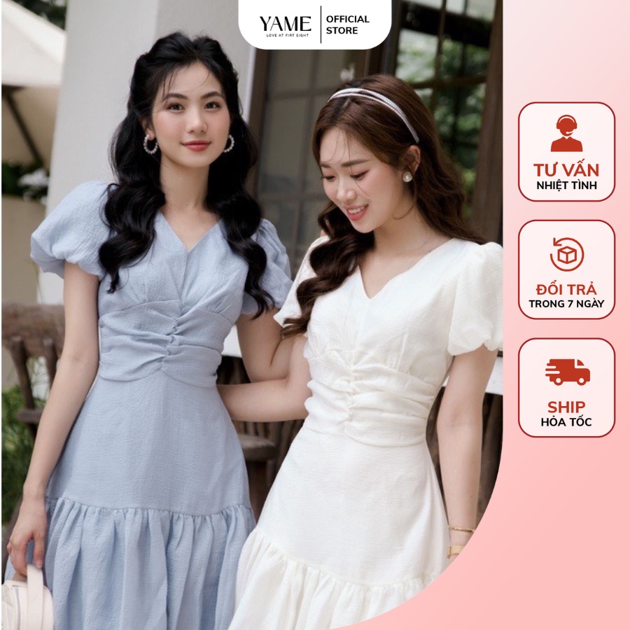 Váy tay bồng cổ tym hai màu xanh be có lớp lót lụa chất đũi sồi cao cấp có lớp lót lụa mềm mịn mát YV10 YAME