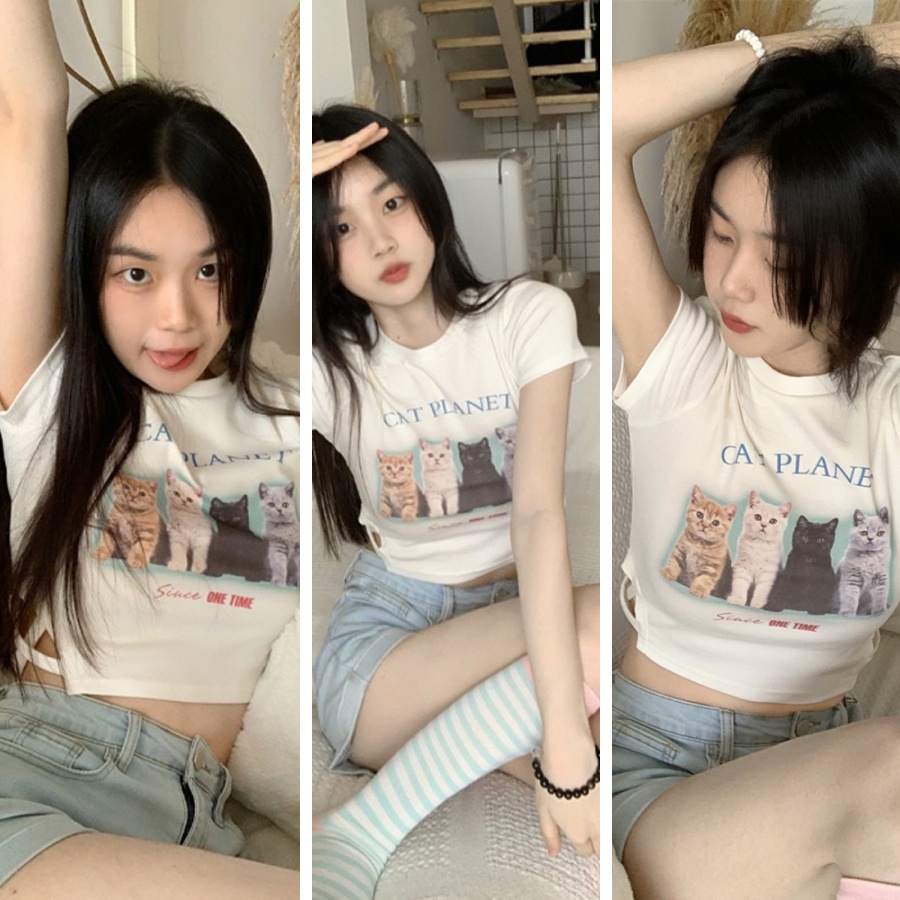 Áo croptop thun nữ tay ngắn hoạ tiết chú mèo màu trắng mỏng mùa hè áo croptop ôm eo hình mèo