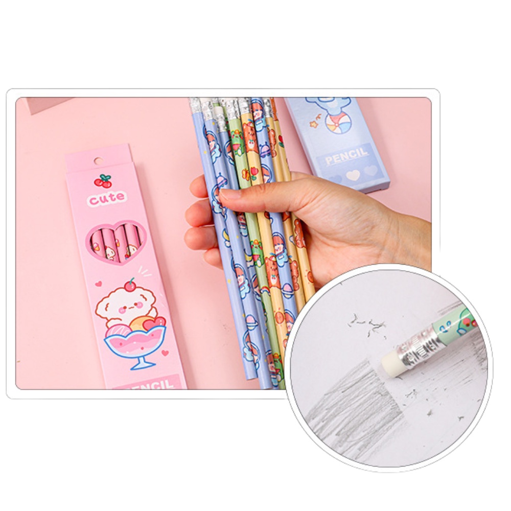 Set 6 Cây Bút Chì Gỗ HB Kèm Gôm Tẩy Họa Tiết Hoạt Hình Cute Dễ Thương Cho Học Sinh, Viết Chì Học Tập 2B Xinh Xắn
