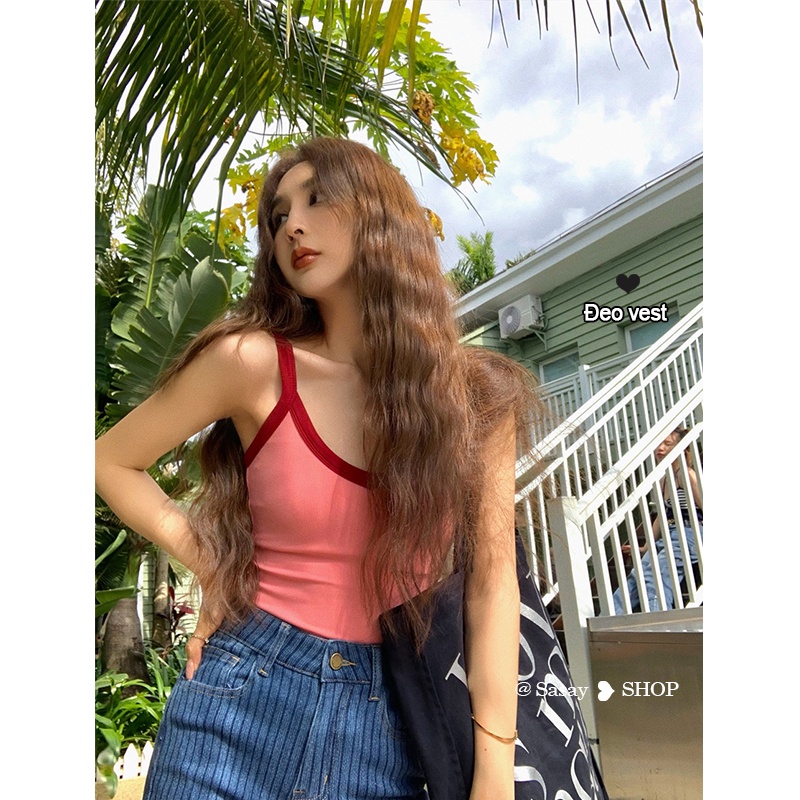 QADCOL Áo Hai Dây Mỏng Ôm Dáng Màu Sắc Tương Phản Phong Cách Hong Kong Cho Nữ