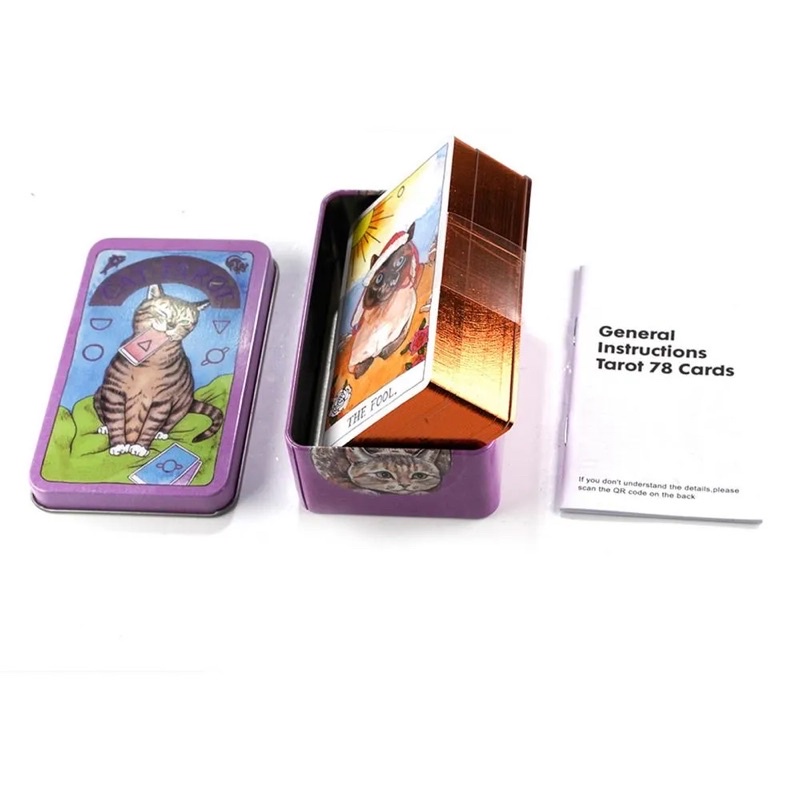 Bộ Bài Cat Tarot cards có mạ vàng, Tarot mèo 78 lá cơ bản, hộp thiếc