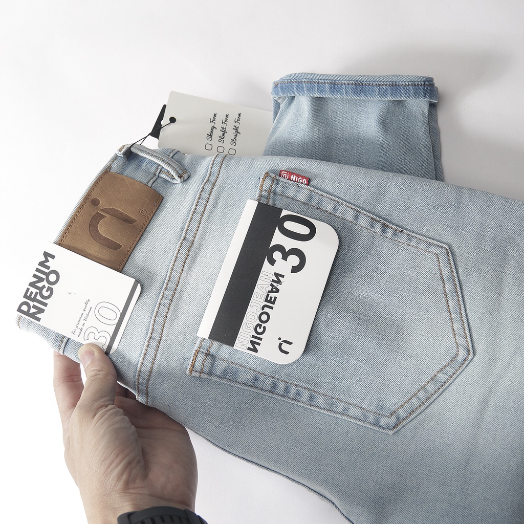 Quần jean nam xanh sáng Skinny Tape Light03 Nigo quần bò xanh sáng ống ôm co giãn cao cấp