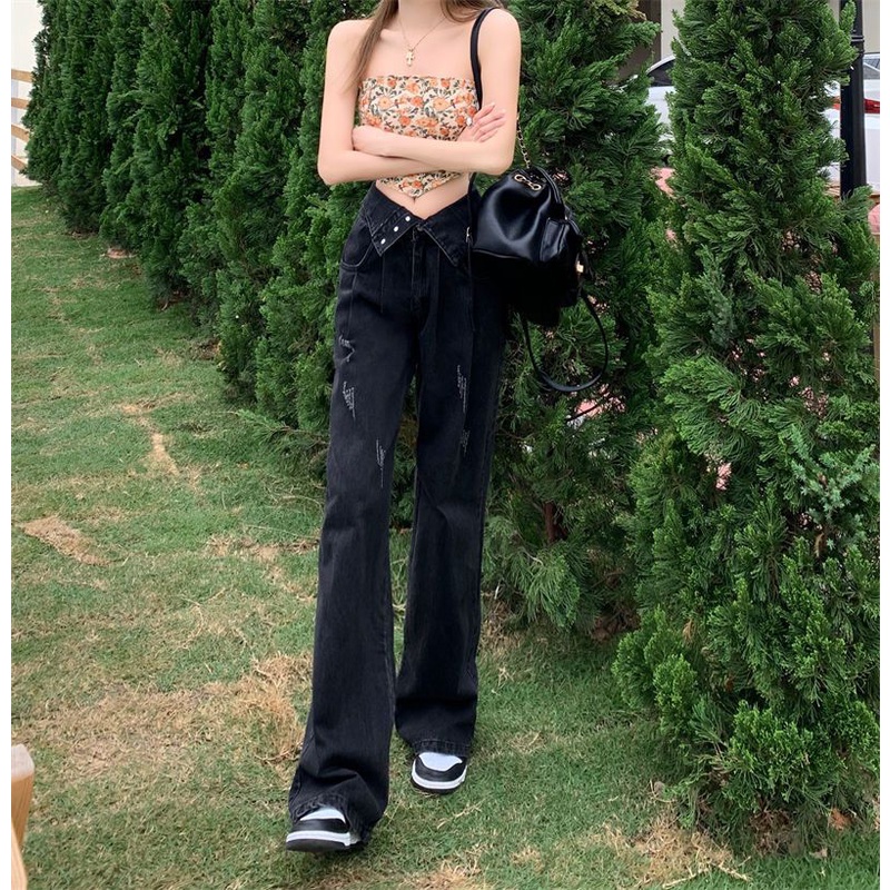SELVZE Quần Jean Đen Ống Rộng Dáng Suông Kiểu Vintage Đường Phố Cá Tính Cho Nữ
