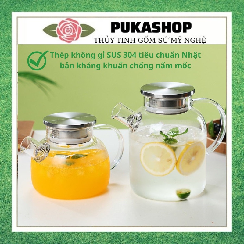 Bình Nước Puka Bình Thủy Tinh Chịu Nhiệt Dễ Lau Chùi Kháng Khuẩn Chống Nấm Mốc Ấm Pha Trà Detox Hoa Quả 1L 1.8L A7