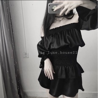 váy đen trễ vai eo bo chun ( ảnh thật )