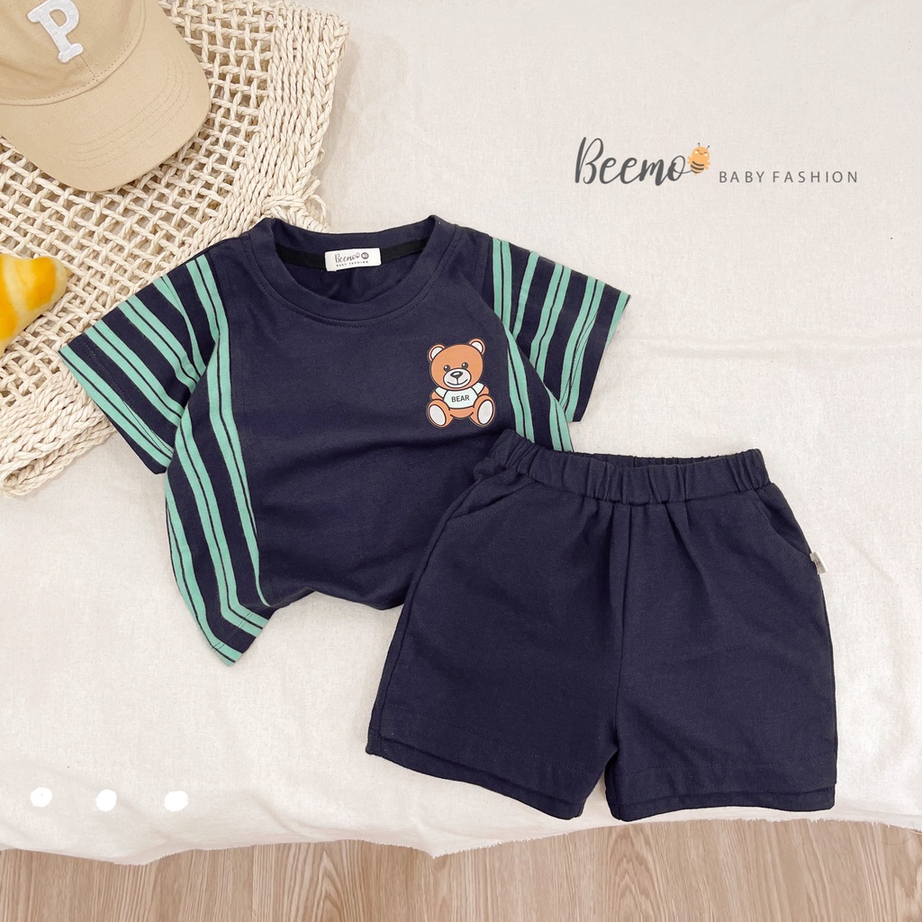 Set bộ quần áo Beemo in gấu phối thân kẻ mặc hè chất liệu cotton co giãn, thấm hút mồ hôi cho bé từ 1 - 7 tuổi 22388B