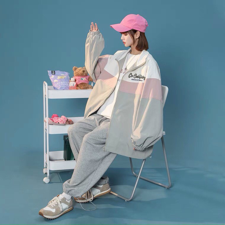 Áo khoác nữ form rộng vải dù 2 lớp khóa kéo, áo khoác dù 2 lớp chống nắng phối màu siêu xinh Bunny_069