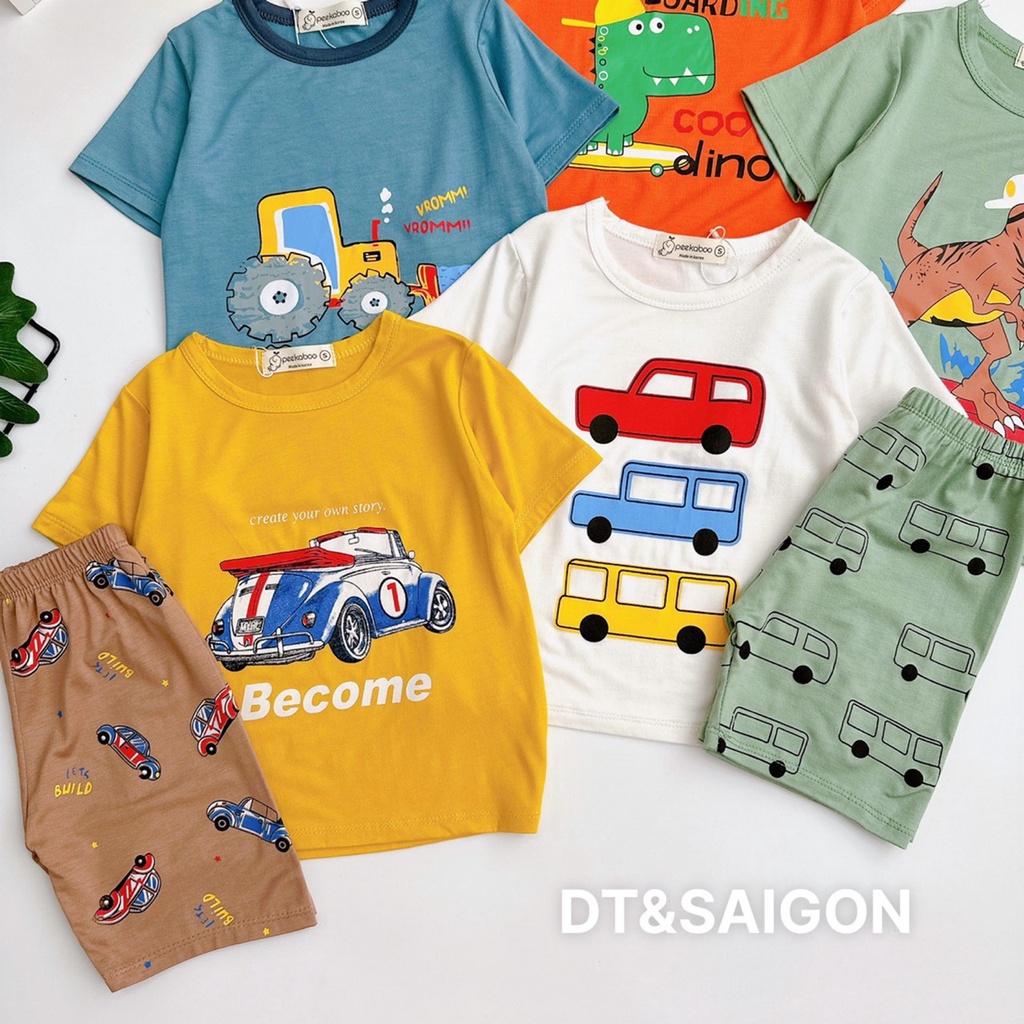 Bộ thun lạnh cộc tay cho bé trai, bé gái Pekaboo hình ô tô khủng long mới nhất