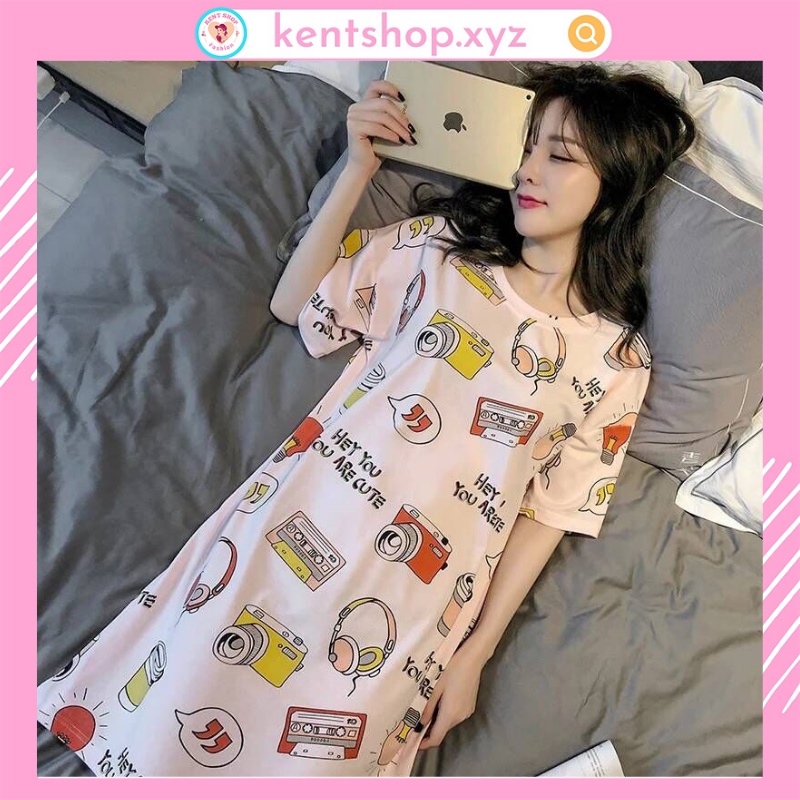 Váy ngủ nữ dễ thương đầm ngủ nữ Bigsize dáng suông chất cotton thun sữa mềm mát in họa tiết hoạt hình Xinh Xắn