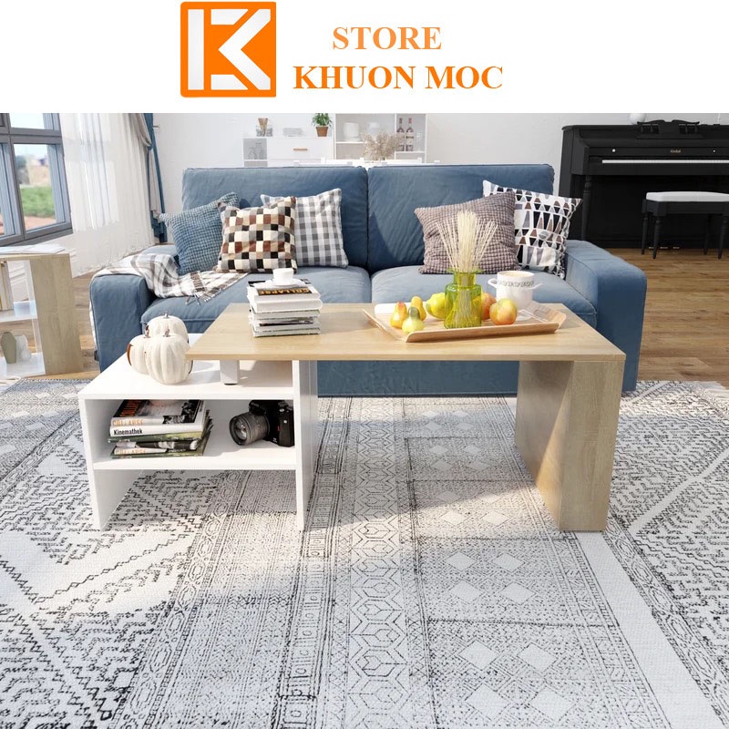 Bàn trà , Bàn sofa phòng khách 2 tầng trắng kết hợp vân gỗ sồi đẹp phòng khách KM36.5
