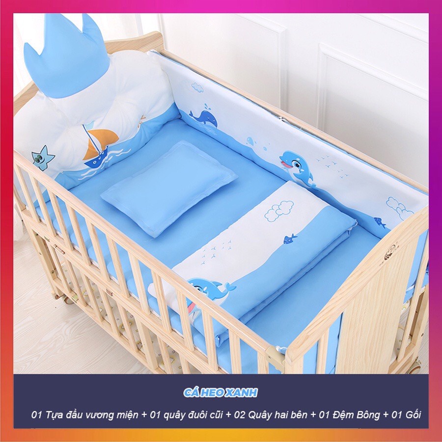 Quây cũi vải, quây cũi cao cấp 6 chi tiết thiết kế hình vương miện chất liệu cotton dùng cho cũi dài 105cm rộng 60cm