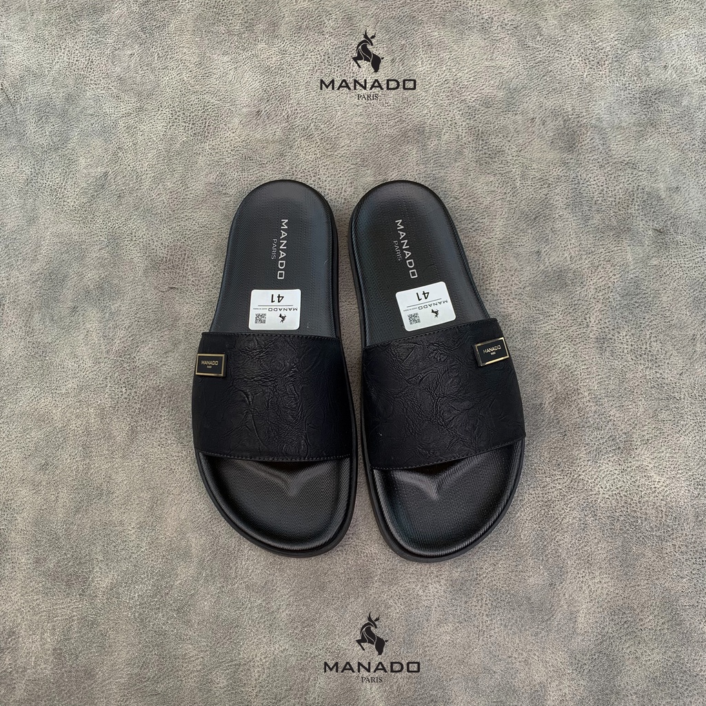 Dép da nam quai ngang cao cấp Manado Mã MND13 màu đen fullbox, quai da mềm mại, đế cao su mềm nhẹ