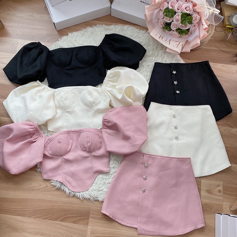 Set cúp tay bồng chân váy phối đá 906