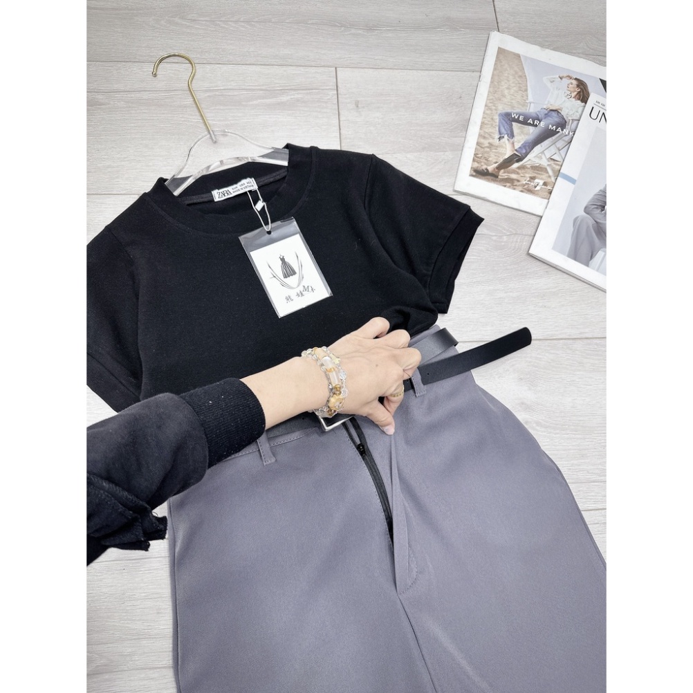 Set Áo Đen Mix Chân Váy Xám Dáng Dài, Xẻ 1 Bên Siêu Hót