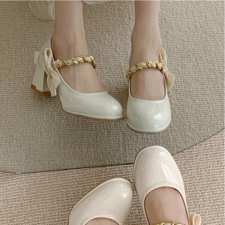 Giày Cao Gót Da Bóng Đính Nơ Lụa Bóng Kiểu Pháp Xinh Xắn Cho Nữ