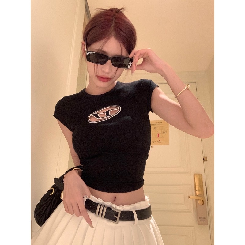 HUANG YOYO Áo Thun Croptop Dệt Kim Tay Ngắn Màu Đen Thời Trang Cho Nữ