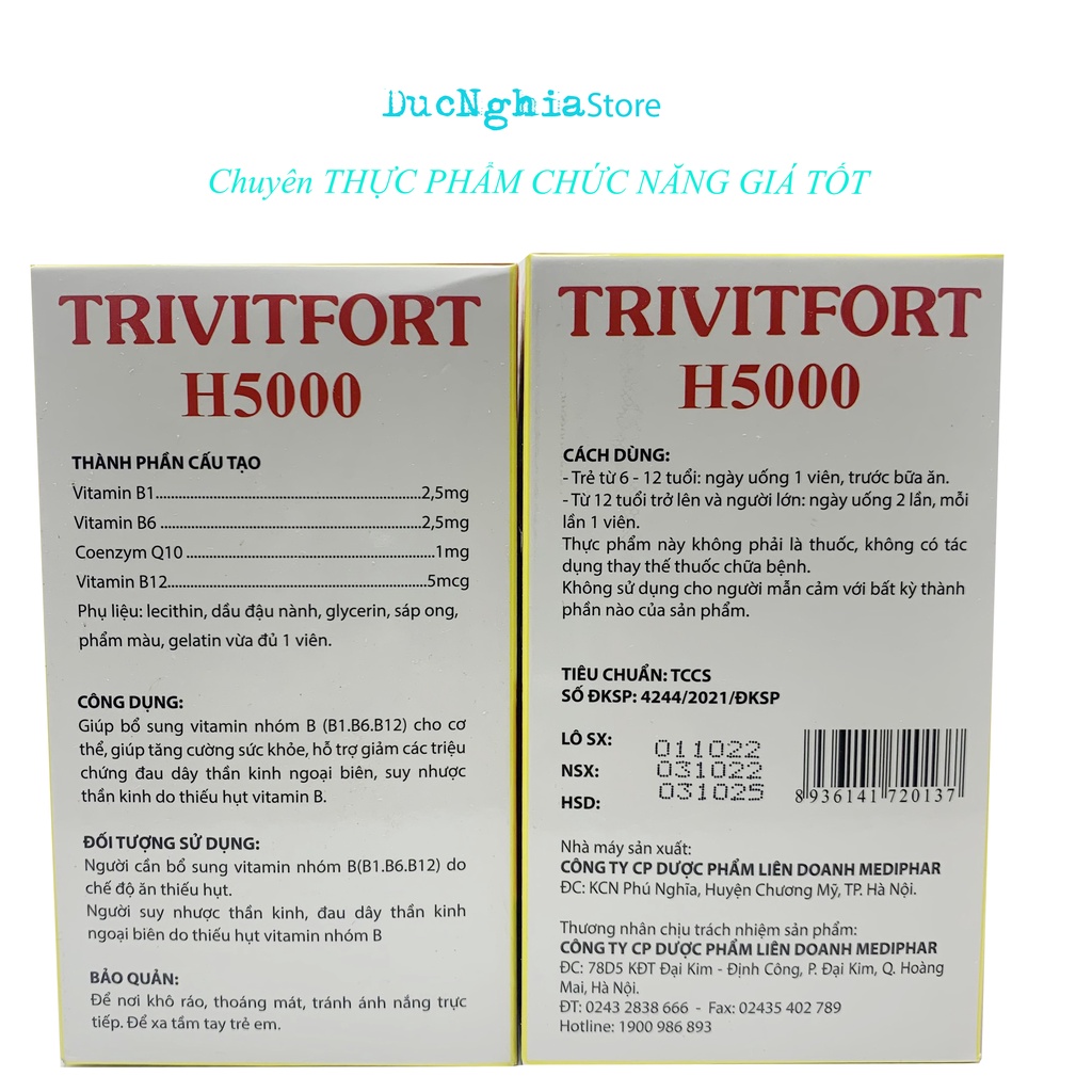 Viên uống bổ sung vitamin B1, B6, B12 cho cơ thể - TRIVITFORT H5000 – hộp 100 viên