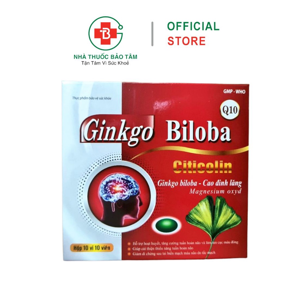 Viên Uống Bổ não Ginkgo Biloba Citicolin Coenzym Q10 giúp hoạt huyết, dưỡng não - Hộp 100 Viên