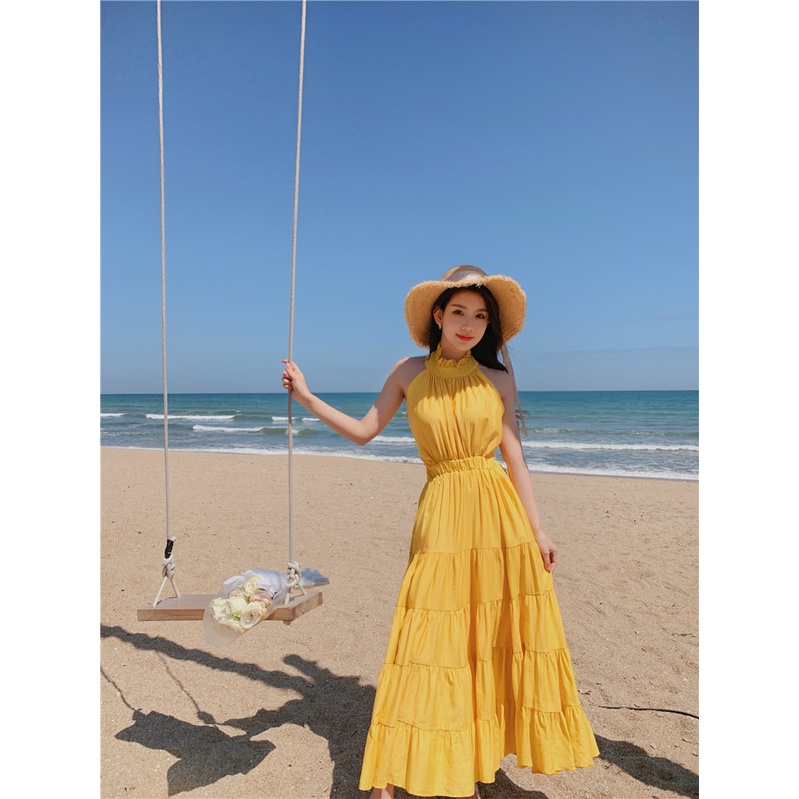 Váy babydoll đầm dự tiệc dáng dài cổ yếm dáng xòe tôn dáng cổ yếm hở lưng chất mềm xếp ly xinh xắn V-22