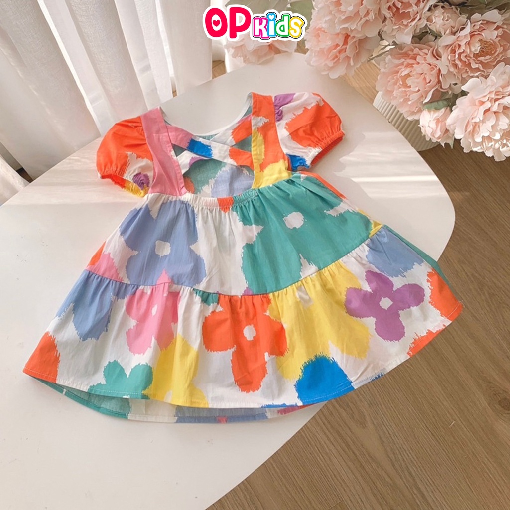 Váy hoa mùa hè cho bé gái thiết kế đai lưng hai tầng ( 8 - 26 Kg) , đầm ngắn tay bé gái 2 màu hoa to và hoa tím OP KIDS